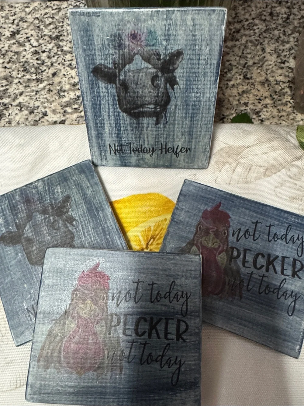 Not Today Pecker Rooster /Not today Heifer Handmade Coasters Set of 4- Blue